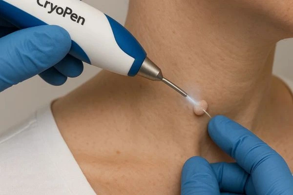 Person receiving cryotherapy King's Norton for skin tag removal