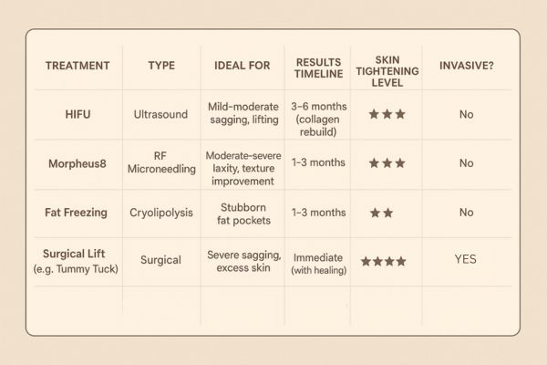 Table showing the comparisons of Skin tightening King's Norton treatment options.